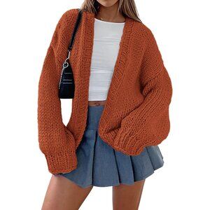 Womens Trendy Cardigan Sweaters Rust Red Long Sleeve Chunky Knit Outfits